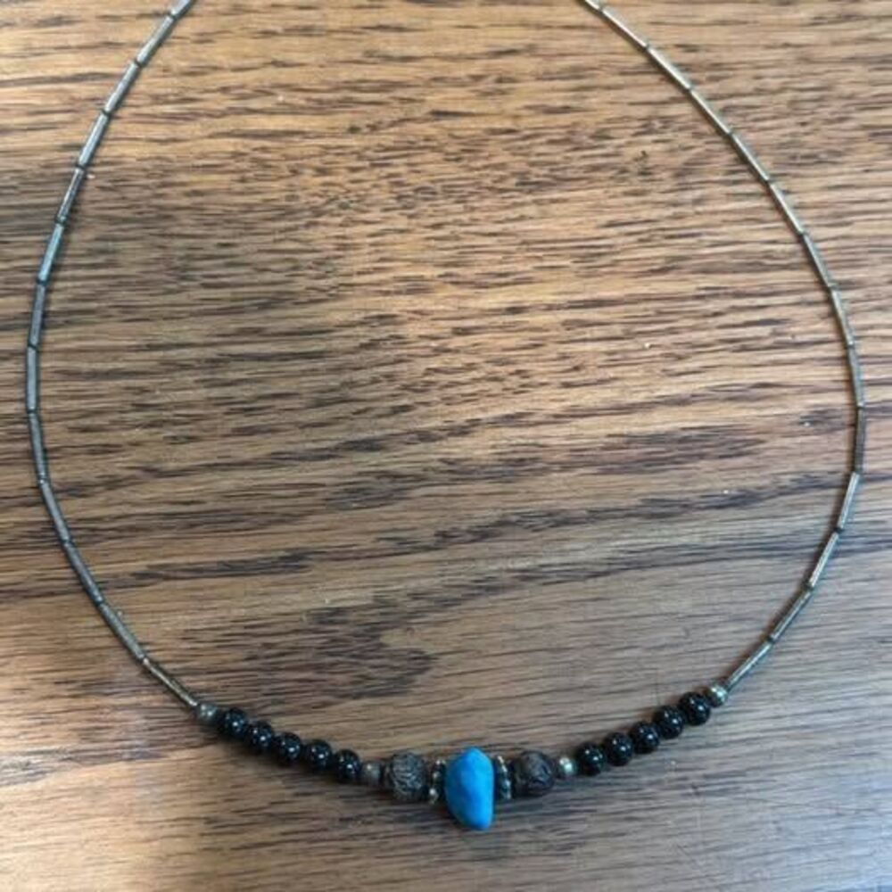 Vintage 15” “liquid silver” and turquoise necklace